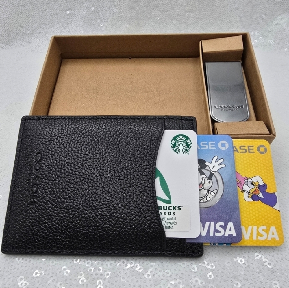 Coach Boxed Card Case & Money Clip Gift Set Black Leather - Picture 2 of 12